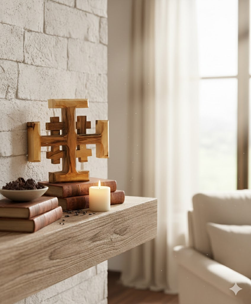 Olive Wood Crusader Jerusalem Cross from Bethlehem