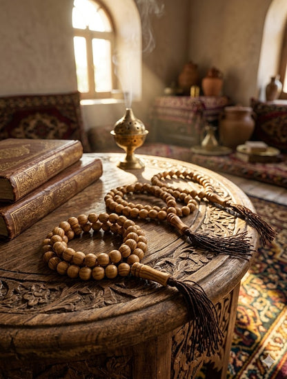 Olive Wood Prayer Beads 25 cm with Tassel, Handmade Wooden Worry Beads with Velvet Pouch, Smooth Round Beads for Prayer, Meditation & Daily Carry