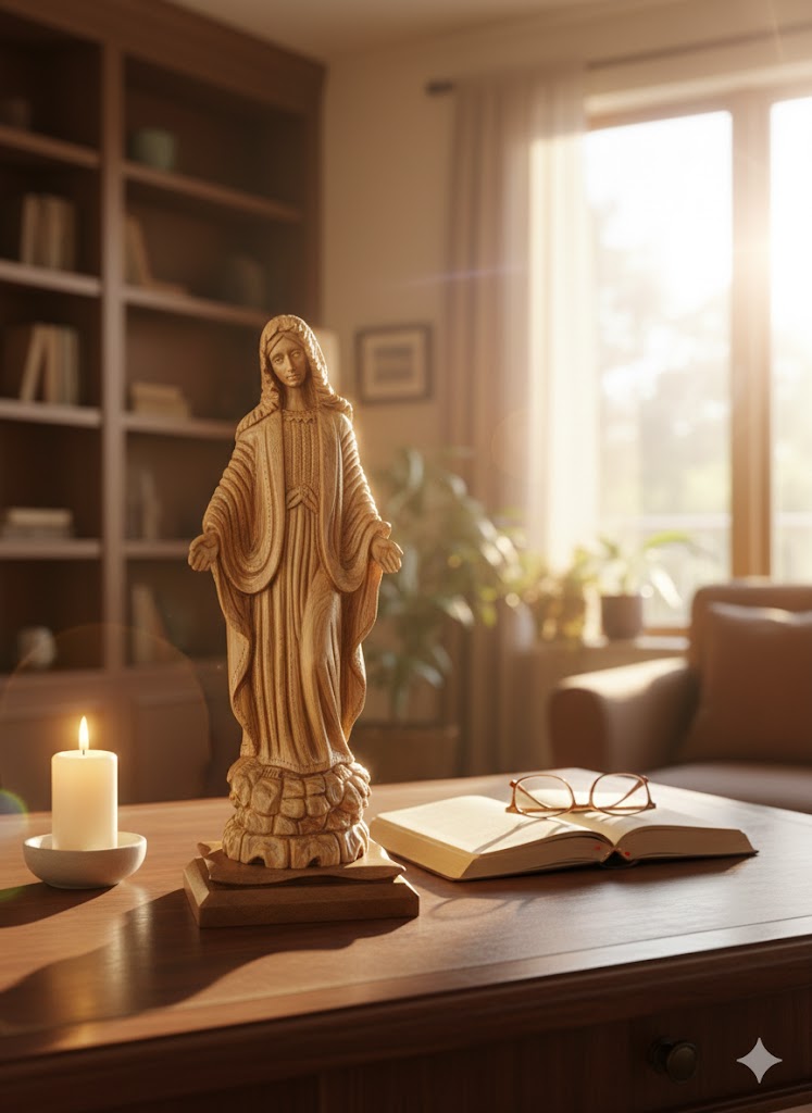 Hand-Carved Olive Wood Virgin Mary Statue from Bethlehem – Large Handmade Holy Land Sculpture 18.5" – Authentic Christian Art