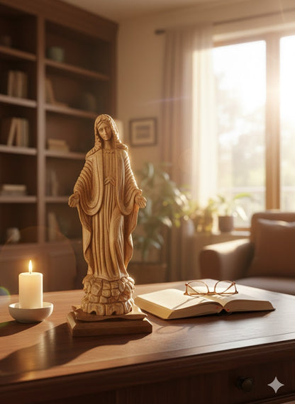 Hand-Carved Olive Wood Virgin Mary Statue from Bethlehem – Large Handmade Holy Land Sculpture 18.5" – Authentic Christian Art