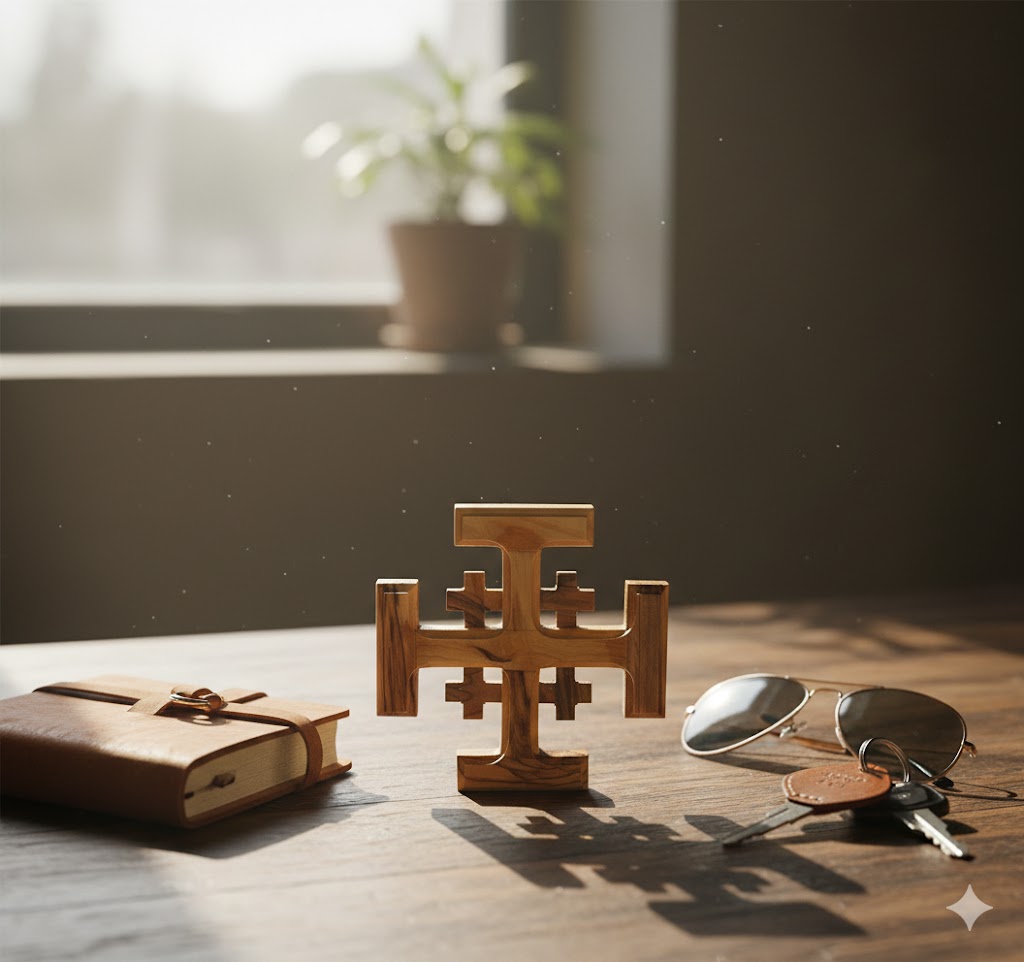 Olive Wood Crusader Jerusalem Cross from Bethlehem