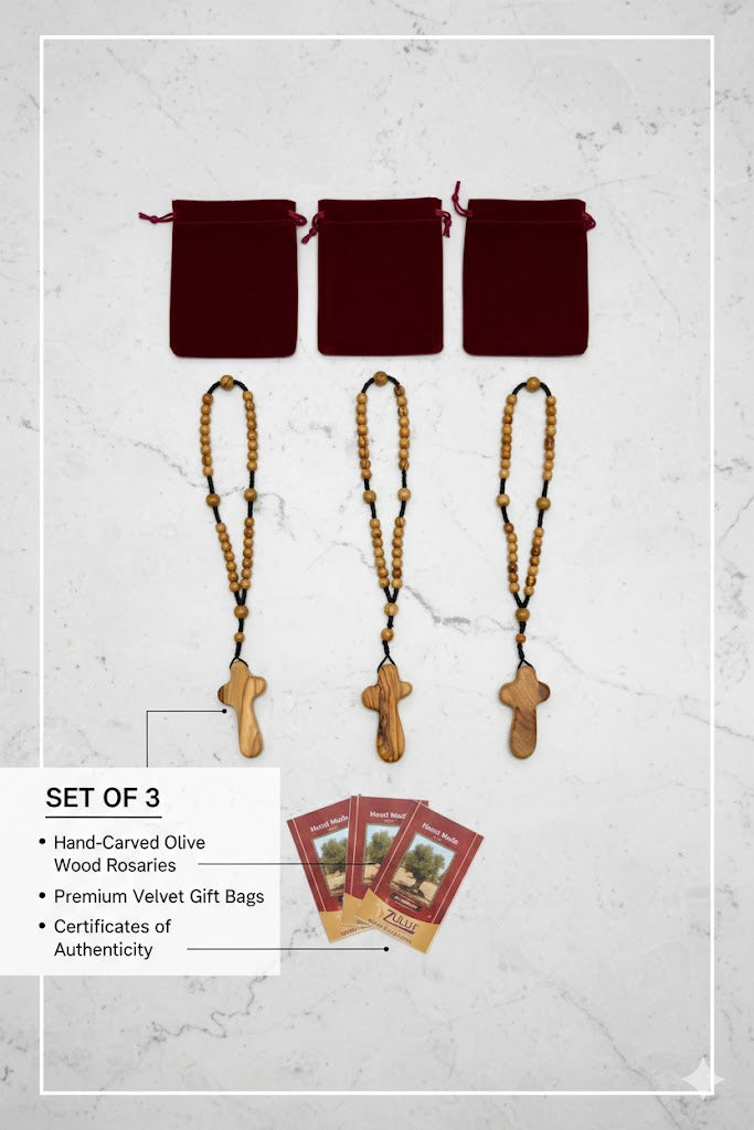 Olive Wood Rosary Handmade in Bethlehem – 11” Catholic Wooden Rosary with 33 Beads – Available as 1 Piece or Set of 3 – Includes Velvet Bag & Certificate – Holy Land Gift
