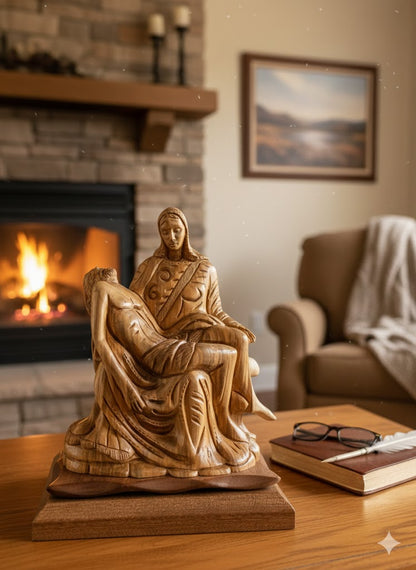 Hand Carved Olive Wood Pietà Statue 11” | Handmade Bethlehem Holy Land Christian Sculpture