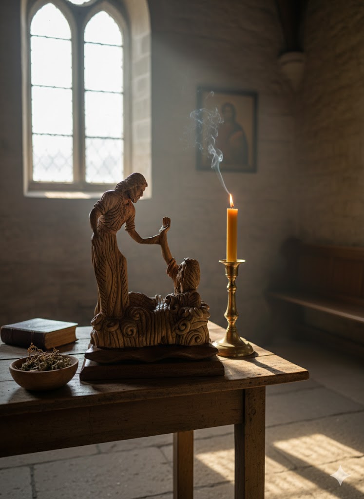 Hand Carved Olive Wood Jesus Saves Peter Statue | Handmade in Bethlehem, Holy Land — 14.8 Inch