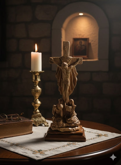 Hand-Carved Olive Wood Crucifix from Bethlehem – Jesus on the Cross – Large Christian Wall & Table Sculpture — 17.9 Inch