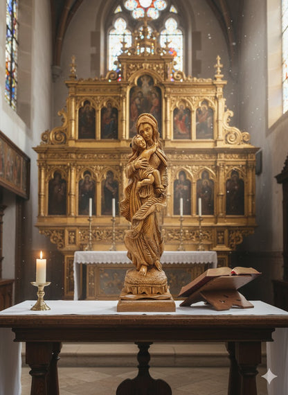 Hand Carved Olive Wood Virgin Mary & Baby Jesus Statue 20.7” | Handmade Holy Land Bethlehem Sculpture