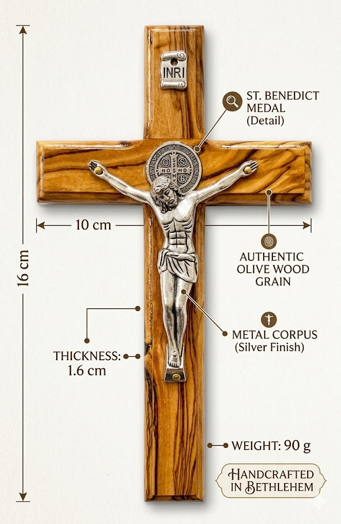 Handmade Olive Wood Saint Benedict Crucifix from Bethlehem – Catholic Wall Cross with Silver Corpus & Medal – Holy Land Christian Gift (Multiple Sizes)