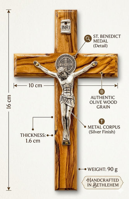 Handmade Olive Wood Saint Benedict Crucifix from Bethlehem – Catholic Wall Cross with Silver Corpus & Medal – Holy Land Christian Gift (Multiple Sizes)