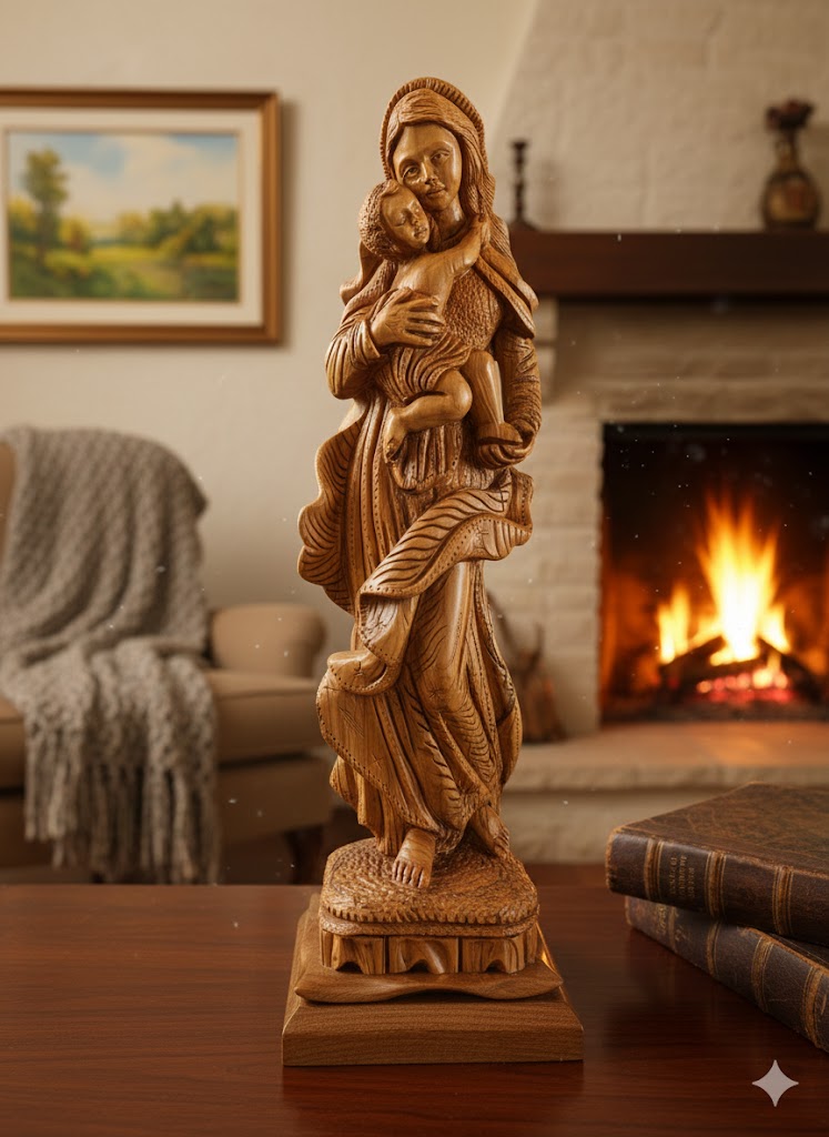 Hand Carved Olive Wood Virgin Mary & Baby Jesus Statue 20.7” | Handmade Holy Land Bethlehem Sculpture