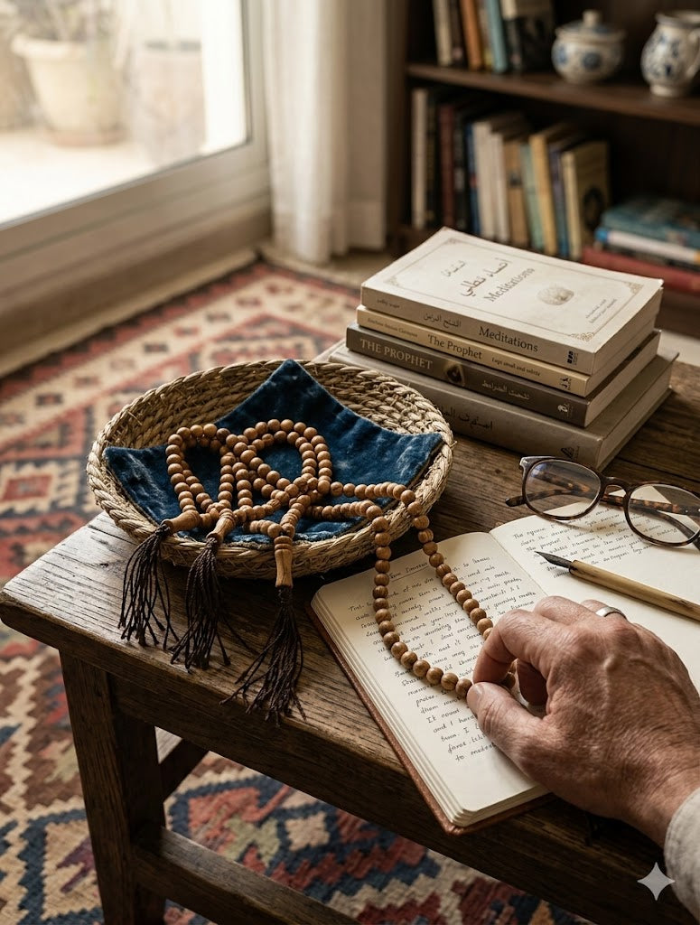Olive Wood Prayer Beads 25 cm with Tassel, Handmade Wooden Worry Beads with Velvet Pouch, Smooth Round Beads for Prayer, Meditation & Daily Carry
