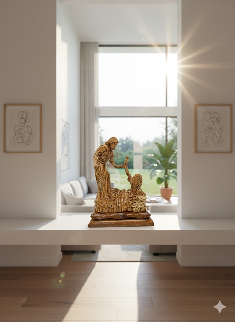 Hand Carved Olive Wood Jesus Saves Peter Statue | Handmade in Bethlehem, Holy Land — 14.8 Inch