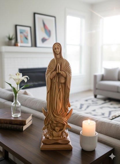 Large Hand-Carved Olive Wood Virgin Mary Statue from Bethlehem – 25.2" Handmade Holy Land Religious Sculpture
