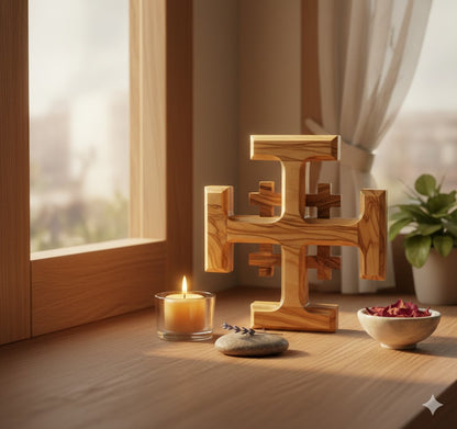 Olive Wood Crusader Jerusalem Cross from Bethlehem