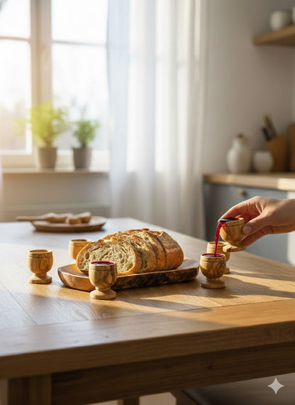 Olive Wood Mini Communion Cups Set of 6 with Bread Dish – Handmade in Bethlehem from Genuine Holy Land Olive Wood