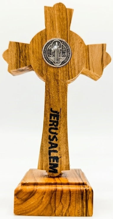 Handmade Bethlehem Olive Wood Crucifix with Base – Saint Benedict Cross with Silver 4.8 Inches