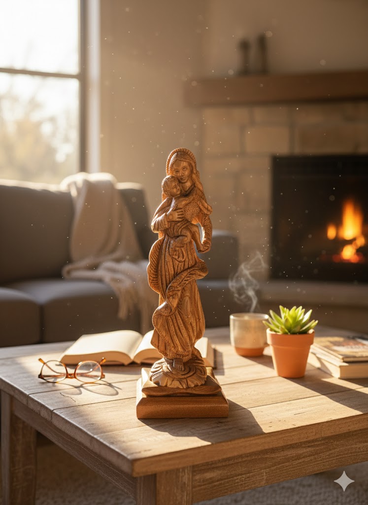 Hand Carved Olive Wood Virgin Mary & Baby Jesus Statue | Handmade in Bethlehem, Holy Land