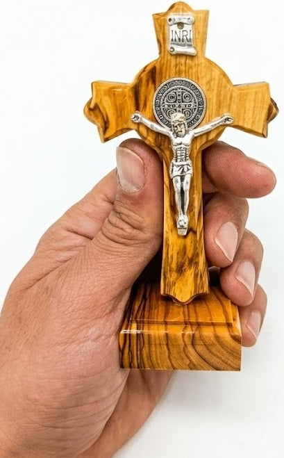 Handmade Bethlehem Olive Wood Crucifix with Base – Saint Benedict Cross with Silver 4.8 Inches