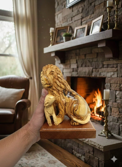 Lion and the Lamb Hand Carved Olive Wood Sculpture from Bethlehem Holy Land