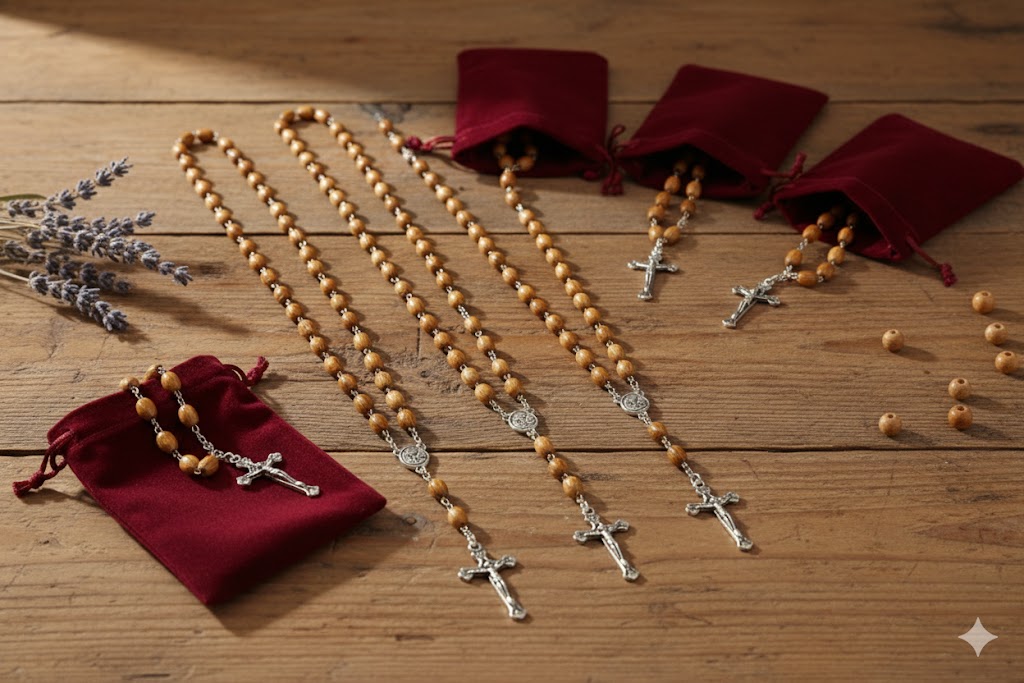 Olive Wood Rosary Handmade in Bethlehem – 23.6” Catholic Wooden Rosary with Silver Crucifix – Set of 3 or 6 – Includes Velvet Bags & Certificates – Holy Land Christian Gift