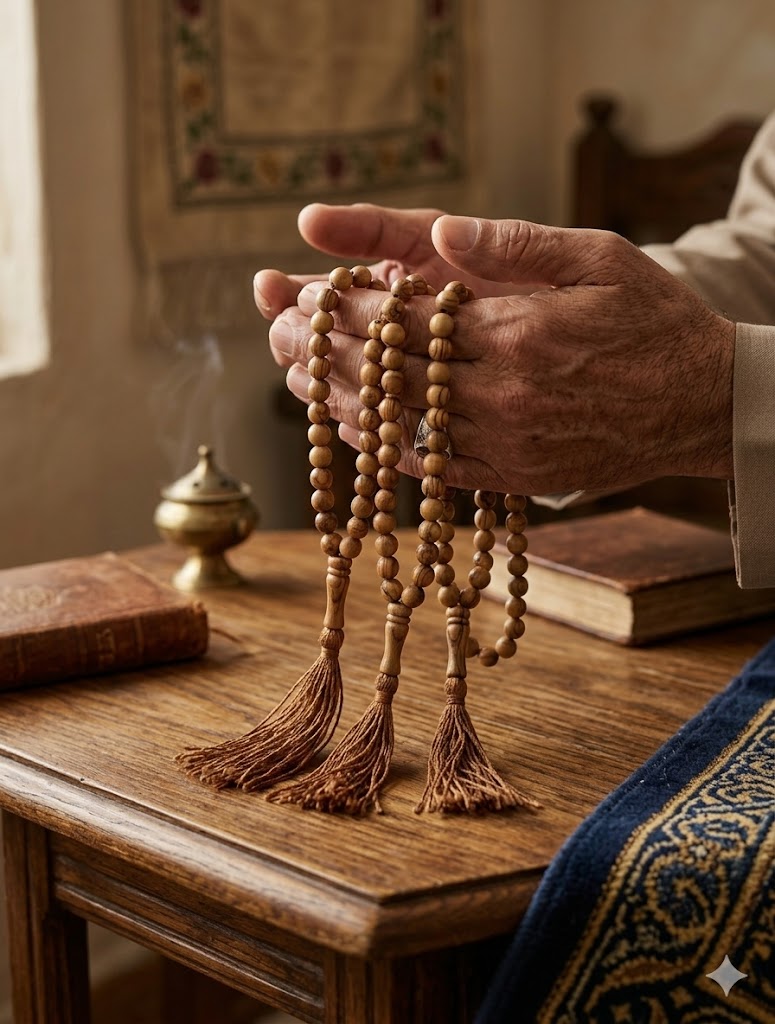 Olive Wood Prayer Beads 25 cm with Tassel, Handmade Wooden Worry Beads with Velvet Pouch, Smooth Round Beads for Prayer, Meditation & Daily Carry