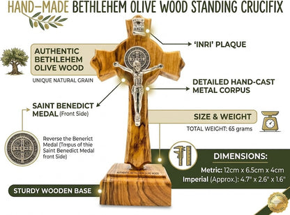 Handmade Bethlehem Olive Wood Crucifix with Base – Saint Benedict Cross with Silver 4.8 Inches