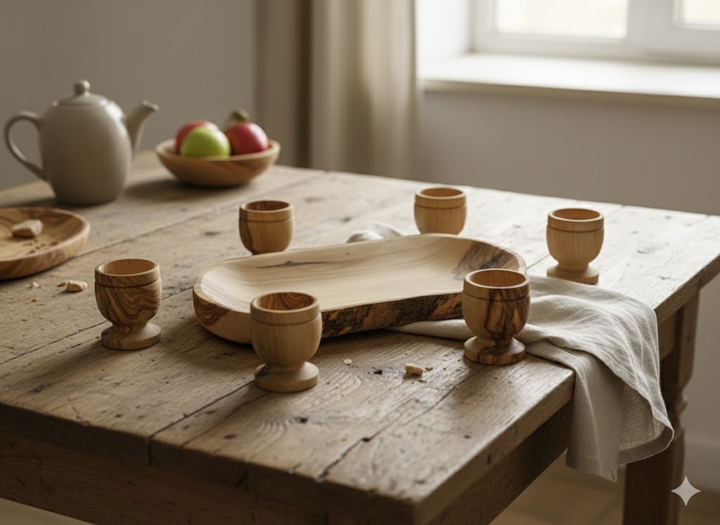 Olive Wood Mini Communion Cups Set of 6 with Bread Dish – Handmade in Bethlehem from Genuine Holy Land Olive Wood