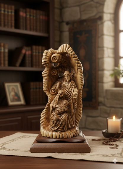 Hand-Carved Olive Wood Holy Family Statue from Bethlehem – Baby Jesus, Virgin Mary & Saint Joseph – Large Christian Nativity Sculpture