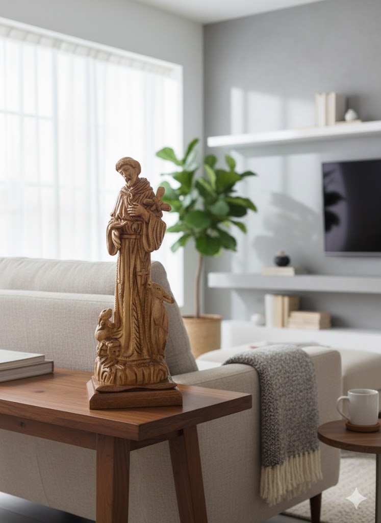 Saint Francis of Assisi Olive Wood Statue – Hand Carved in Bethlehem, Holy Land Christian Figurine (18.1 x 6.7 x 5.9 in) — 17.6 Inch