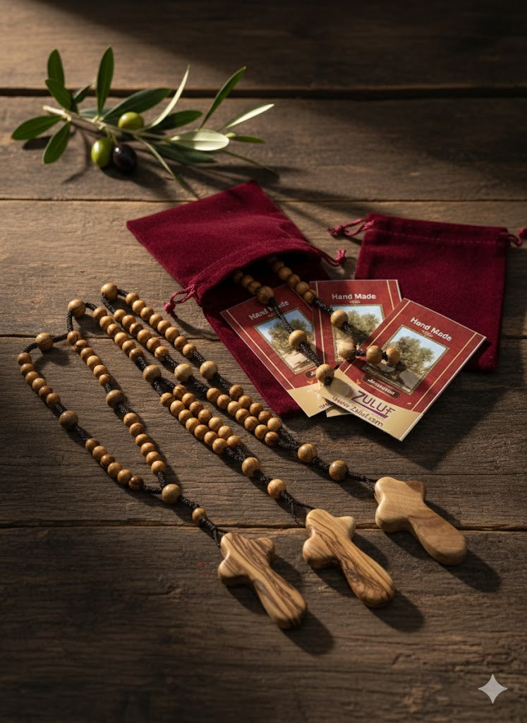 Olive Wood Rosary Handmade in Bethlehem – 11” Catholic Wooden Rosary with 33 Beads – Available as 1 Piece or Set of 3 – Includes Velvet Bag & Certificate – Holy Land Gift