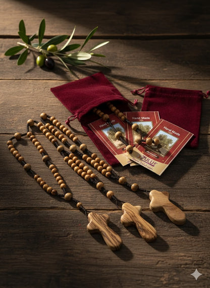 Olive Wood Rosary Handmade in Bethlehem – 11” Catholic Wooden Rosary with 33 Beads – Available as 1 Piece or Set of 3 – Includes Velvet Bag & Certificate – Holy Land Gift