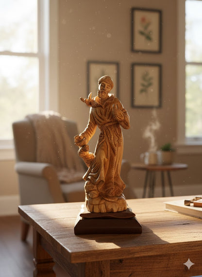 Hand Carved Olive Wood St. Francis of Assisi Statue | Handmade Bethlehem Holy Land Christian Sculpture — 13.1 Inch
