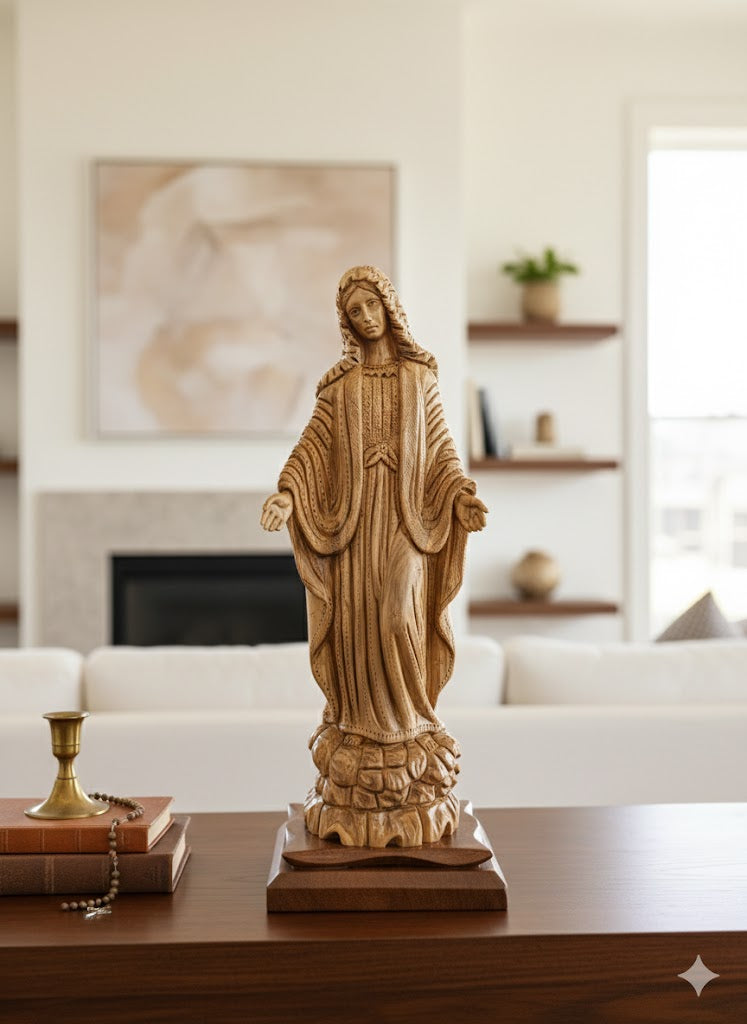 Hand-Carved Olive Wood Virgin Mary Statue from Bethlehem – Large Handmade Holy Land Sculpture 18.5" – Authentic Christian Art