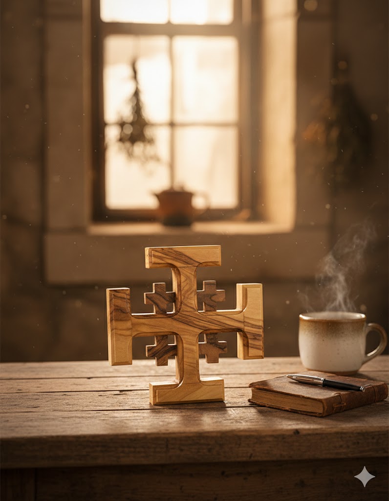 Olive Wood Crusader Jerusalem Cross from Bethlehem