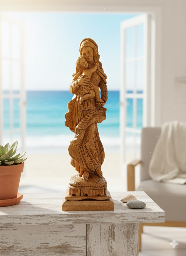 Hand Carved Olive Wood Virgin Mary & Baby Jesus Statue 20.7” | Handmade Holy Land Bethlehem Sculpture