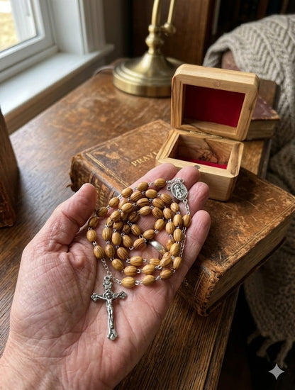 Olive Wood Rosary with Handmade Olive Wood Storage Box, Catholic Prayer Beads with Crucifix & Center Medal, Red Velvet Lined Box, Holy Land Style Gift for Baptism, First Communion & Confirmation, 60 cm