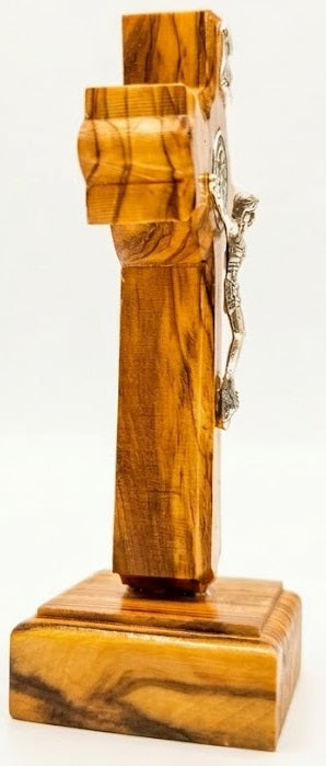 Handmade Bethlehem Olive Wood Crucifix with Base – Saint Benedict Cross with Silver 4.8 Inches