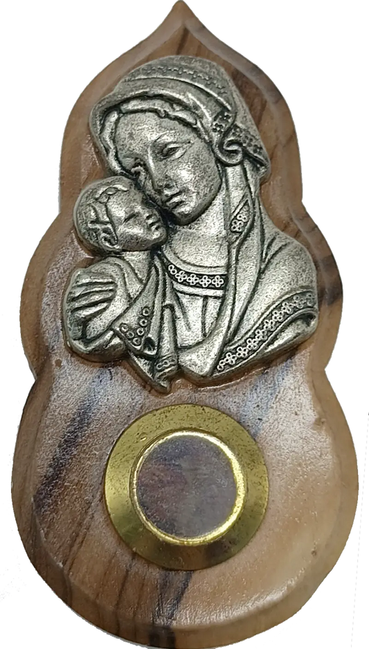 Virgin mary & baby jesus olive wood magnet with relic capsule - magnet
