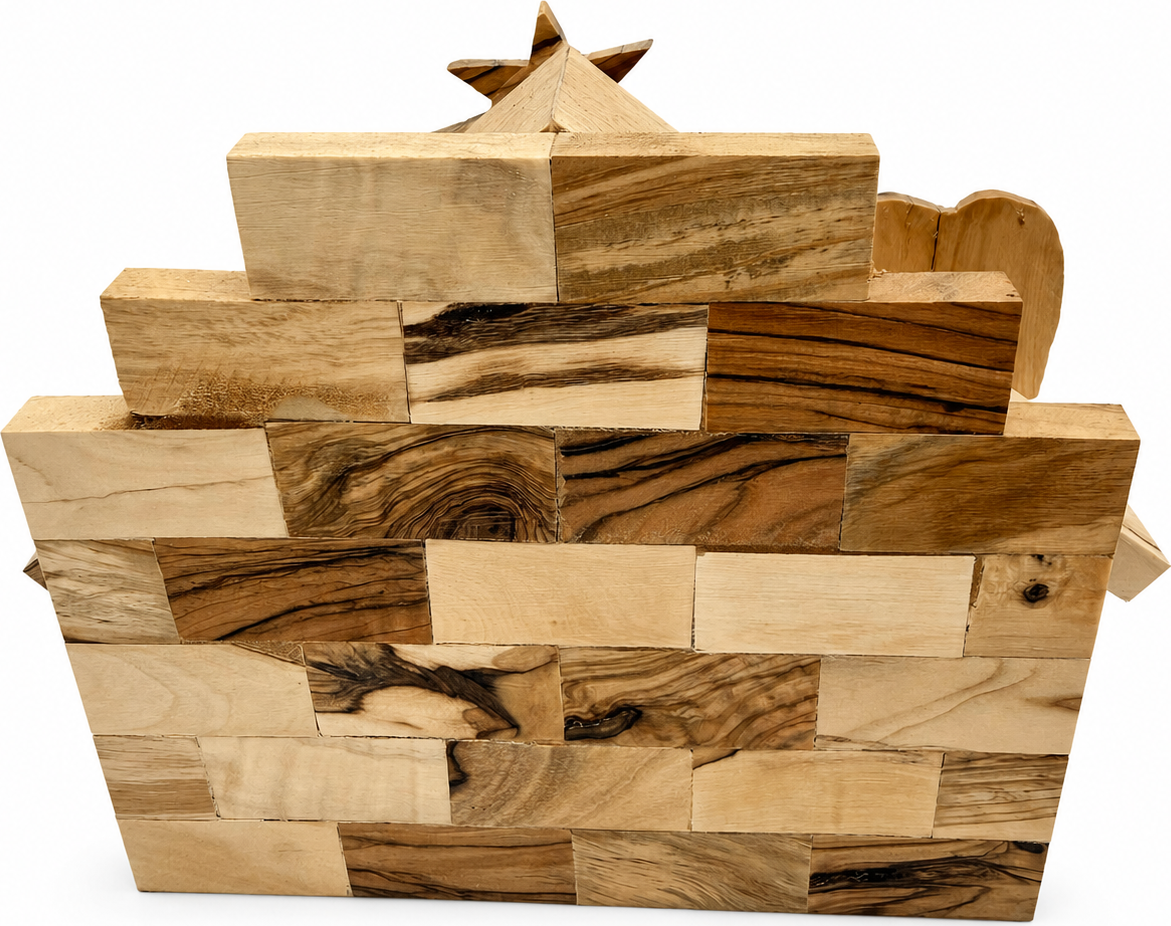 Wooden Nativity Stable on a holiday table, hand carved olive wood Bethlehem