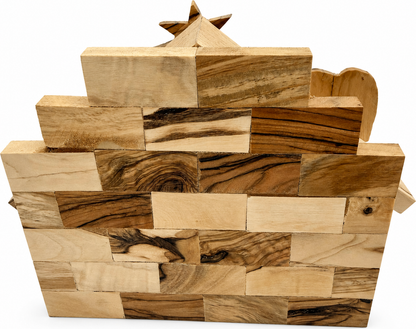 Wooden Nativity Stable on a holiday table, hand carved olive wood Bethlehem