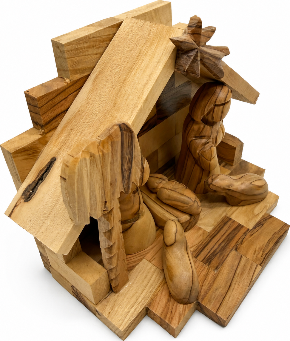 Wooden Nativity Stable on a holiday table, hand carved olive wood Bethlehem