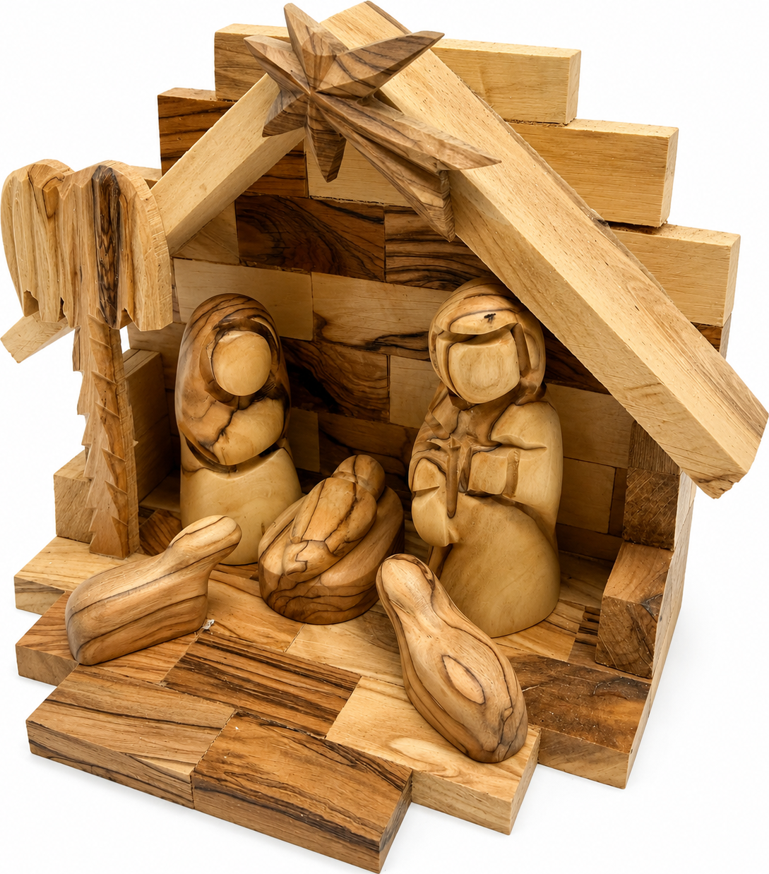 Wooden Nativity Stable on a holiday table, hand carved olive wood Bethlehem