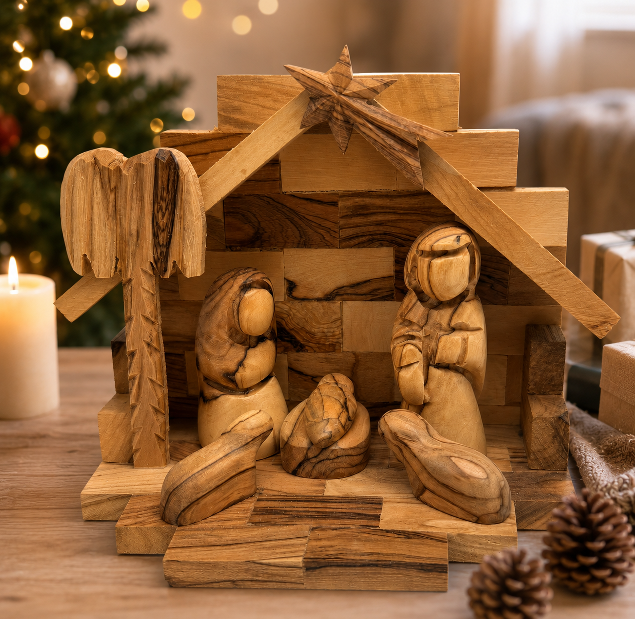 Wooden Nativity Stable on a holiday table, hand carved olive wood Bethlehem