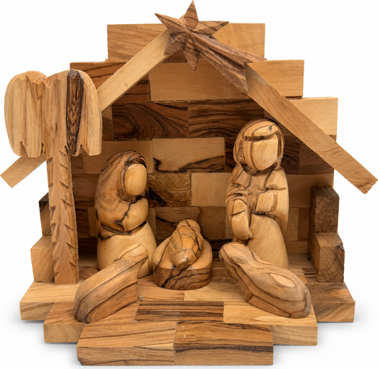 Authentic Wooden Nativity Stable, Hand Carved Olive Wood Indoor Nativity Scene from Bethlehem, hand carved olive wood from Bethlehem
