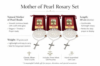 Zuluf mother of pearl rosary set 3 60cm full-length catholic prayer beads with silver-tone crucifix hand assembled
