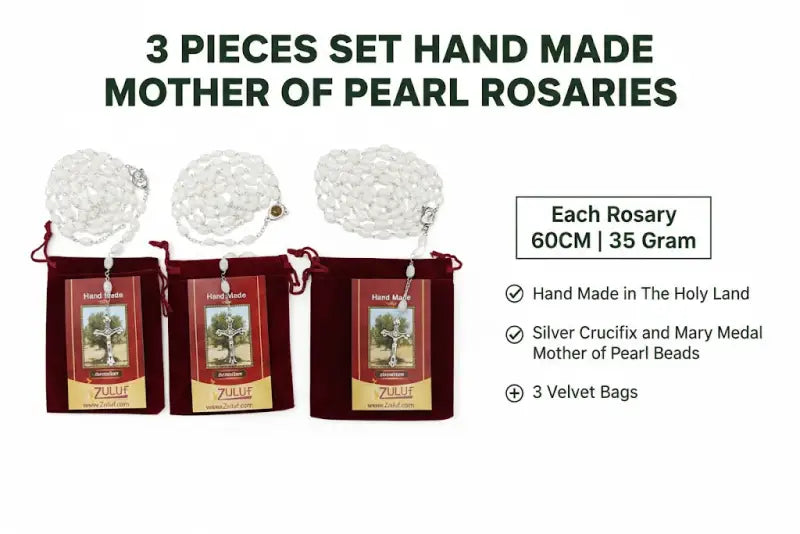 Zuluf mother of pearl rosary set 3 60cm full-length catholic prayer beads with silver-tone crucifix hand assembled