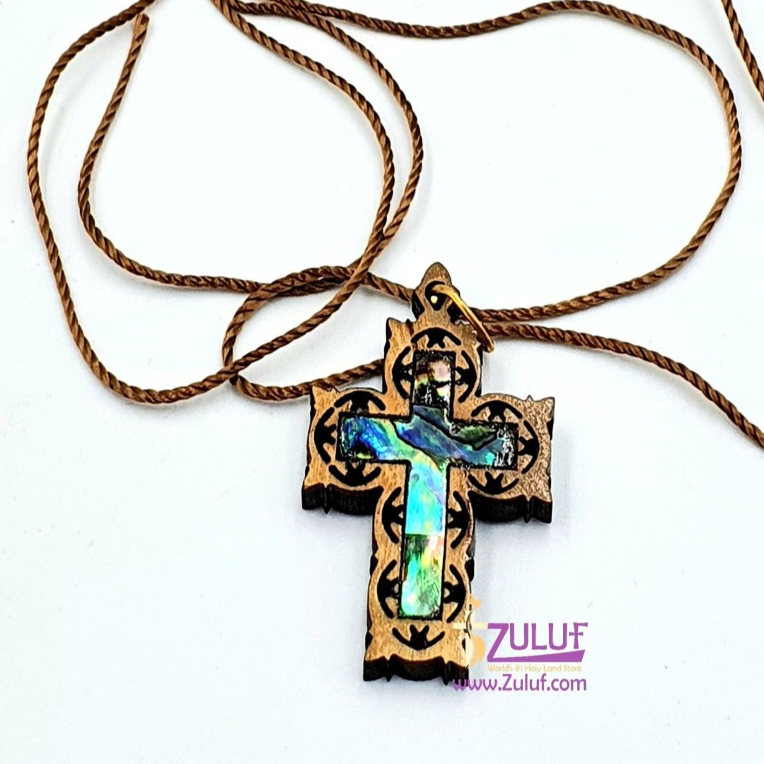 Artistic Olive Wood Cross Pendant with Mother of Pearl by Zuluf PEN188 - Zuluf