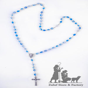 Blue Crystal Beads Catholic Rosary Necklace Holy Soil Medal & Crucifix - ROS027 - Zuluf