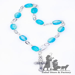 Blue Crystal Rosary Bracelet With Silver Chain and Crucifix - BRA020 - Zuluf