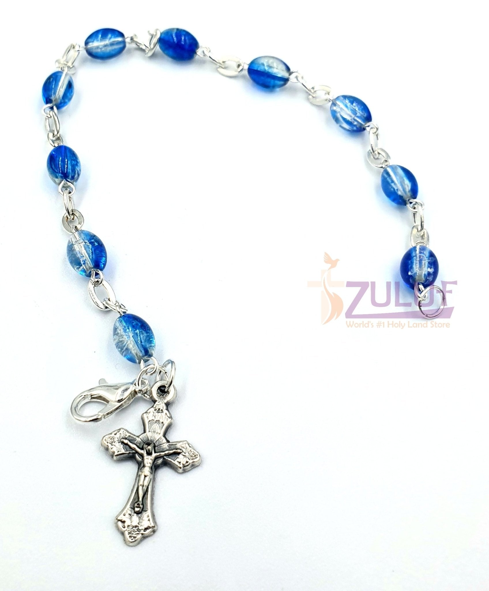 Blue Crystal Rosary Bracelet With Silver Chain and Crucifix - BRA023 - Zuluf