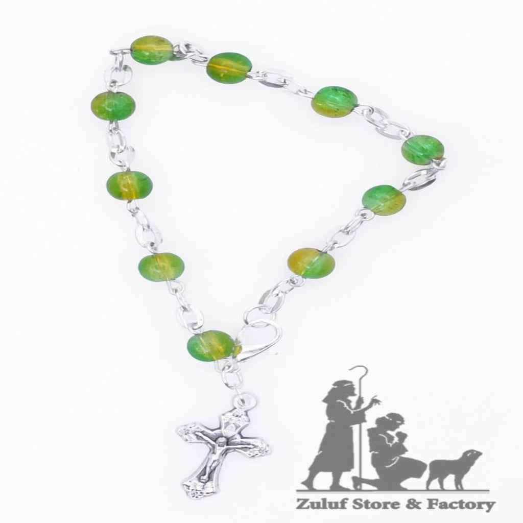 Green Crystal Rosary Bracelet With Silver Chain and Crucifix - BRA006 - Zuluf